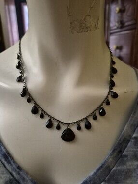 Vintage Black Faceted Teardrop Fringe Bib Collar Necklace